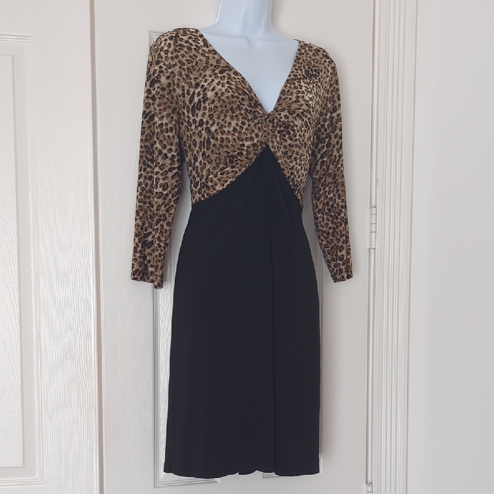 PerSeption Concept Gold and Black V-Neck 3/4 Length Sleeve Cocktail Dress